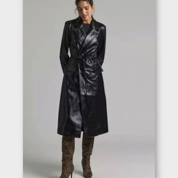 Avec Les Filles Faux Leather Longline Trench Coat XL Black Glazed - Picture 1 of 10